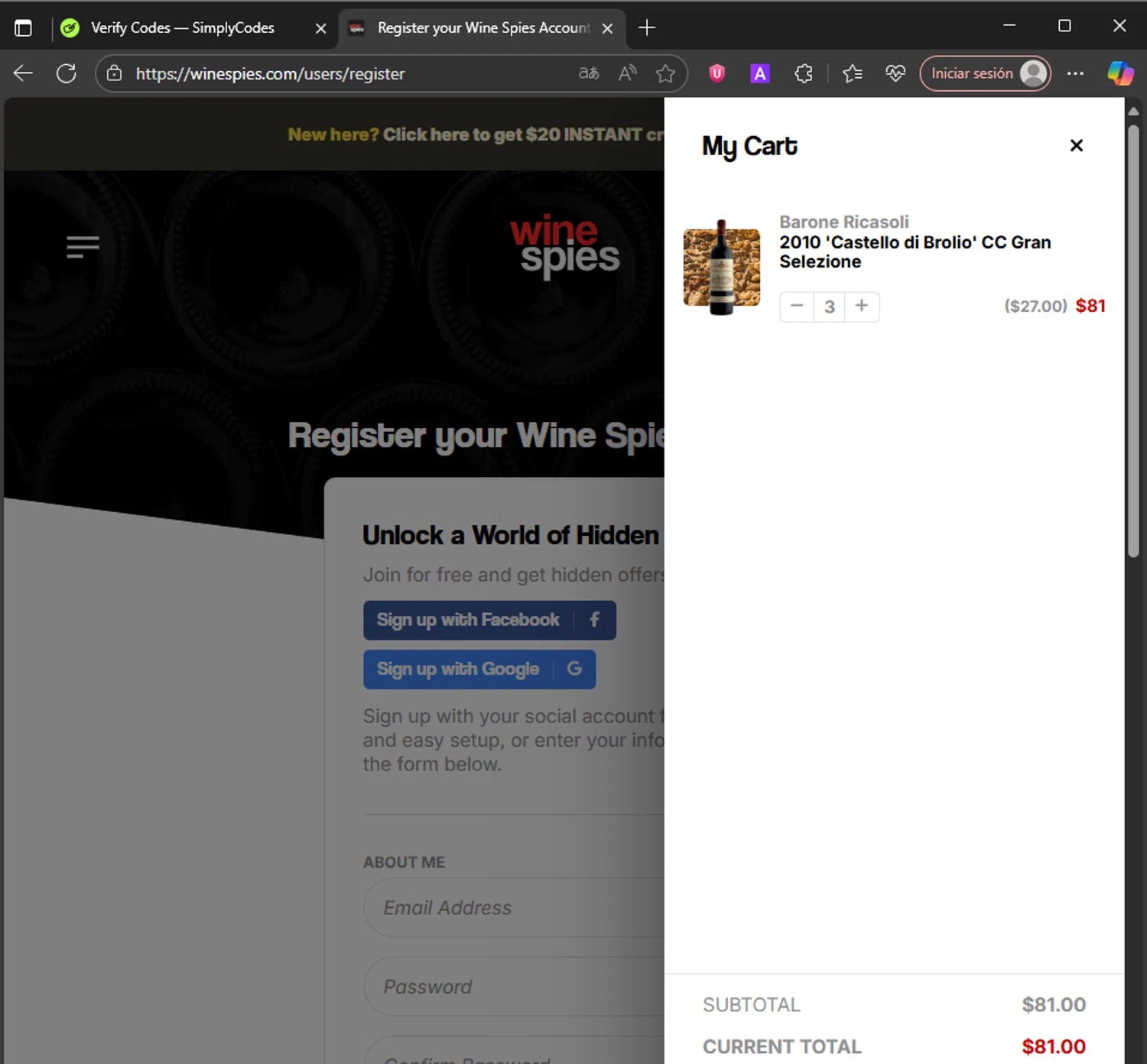 The Wine Spies promo code screenshot showing code DADDY applied at The Wine Spies checkout page. Uploaded by SimplyCodes community member DealAce7453 on Sep 15, 2025