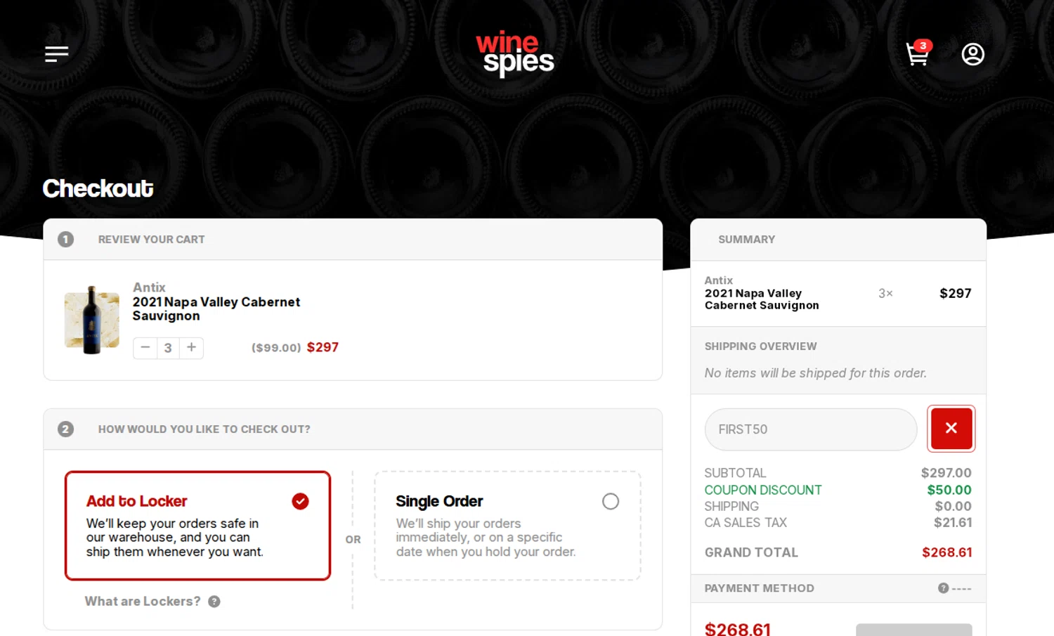 The Wine Spies promo code screenshot showing code FIRST50 applied at The Wine Spies checkout page. Uploaded by SimplyCodes community member Espaguetticonpollo on Dec 9, 2025