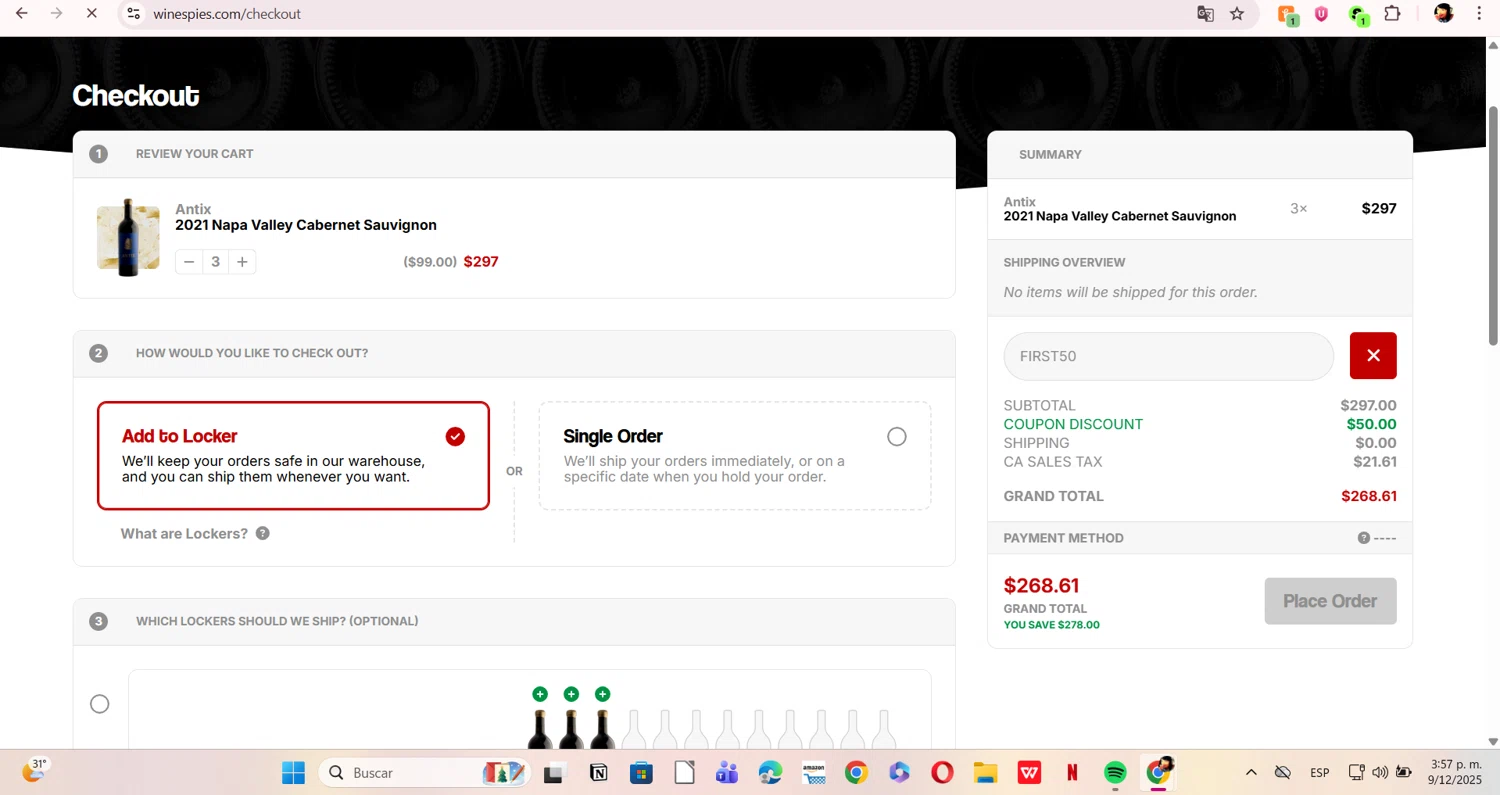 The Wine Spies promo code screenshot showing code FIRST50 applied at The Wine Spies checkout page. Uploaded by SimplyCodes community member ERI0810 on Dec 9, 2025