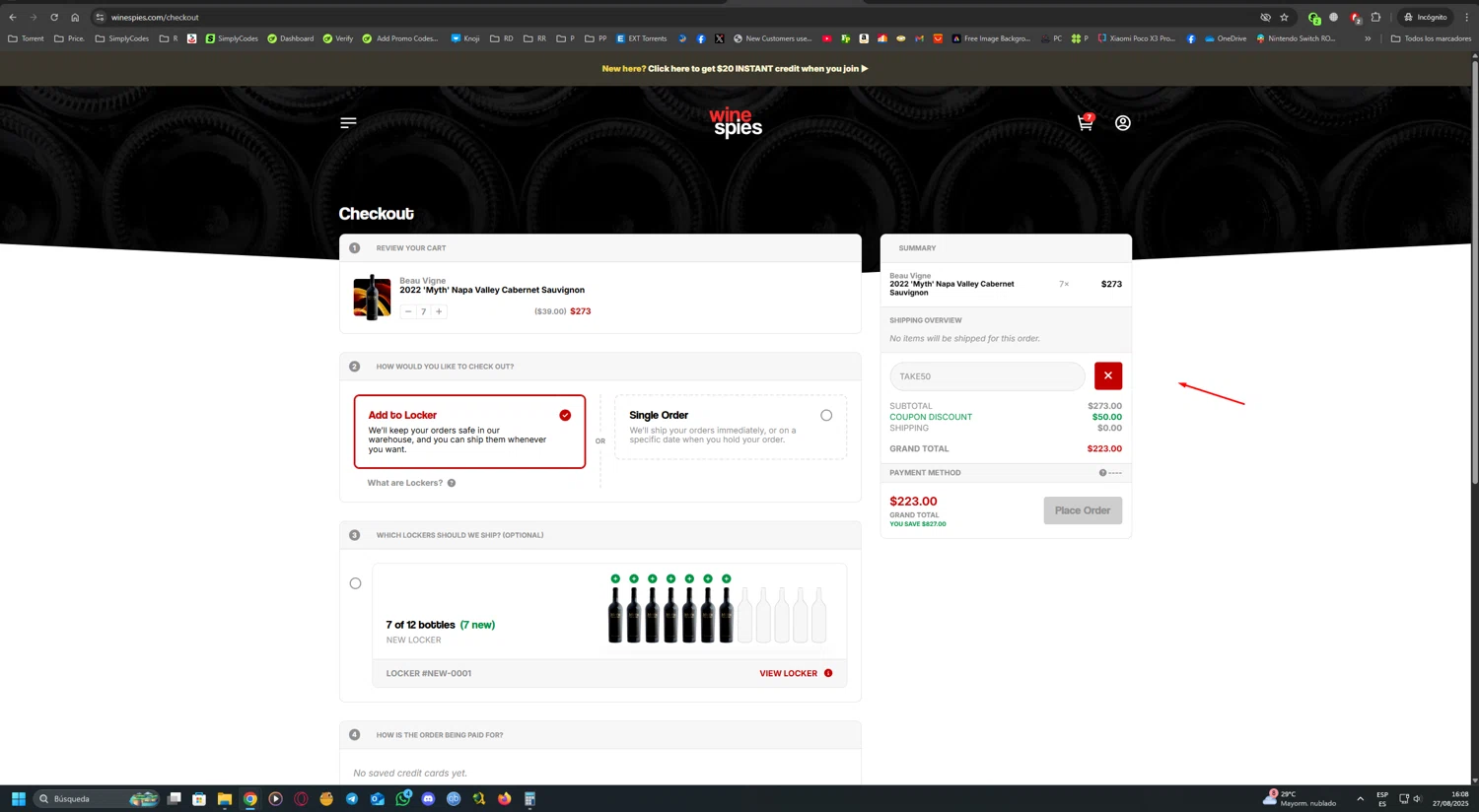 The Wine Spies promo code screenshot showing code TAKE50 applied at The Wine Spies checkout page. Uploaded by SimplyCodes community member UnkNownVnzla on Aug 27, 2025