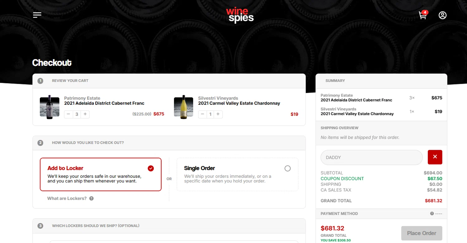 The Wine Spies promo code screenshot showing code DADDY applied at The Wine Spies checkout page. Uploaded by SimplyCodes community member jesspea on Aug 17, 2025