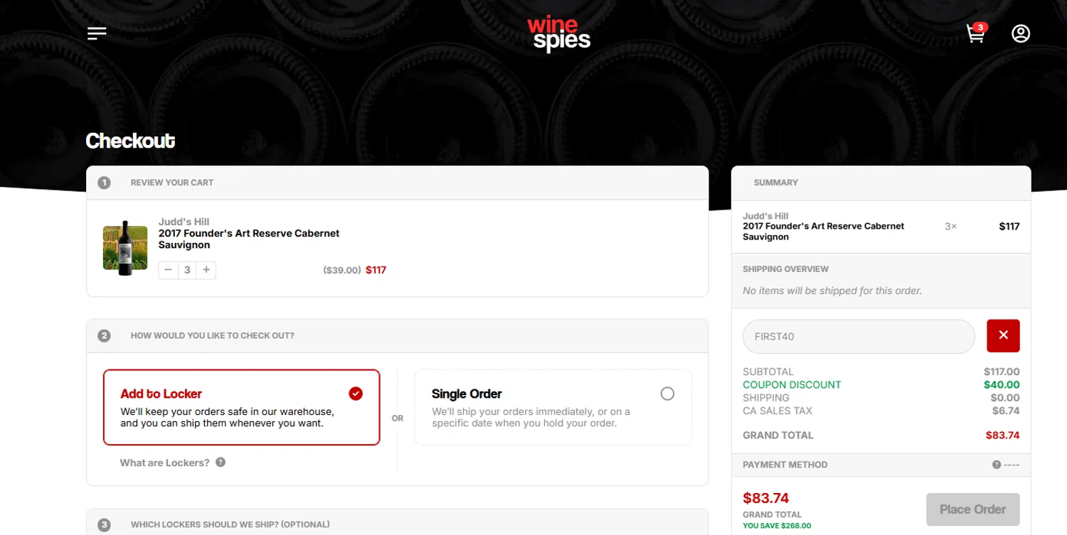 The Wine Spies promo code screenshot showing code FIRST40 applied at The Wine Spies checkout page. Uploaded by SimplyCodes community member jesspea on Apr 29, 2025