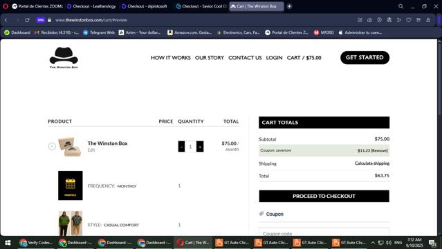 The Winston Box checkout page showing The Winston Box coupon code box | Screenshot taken by SimplyCodes community member on Sep 10, 2025