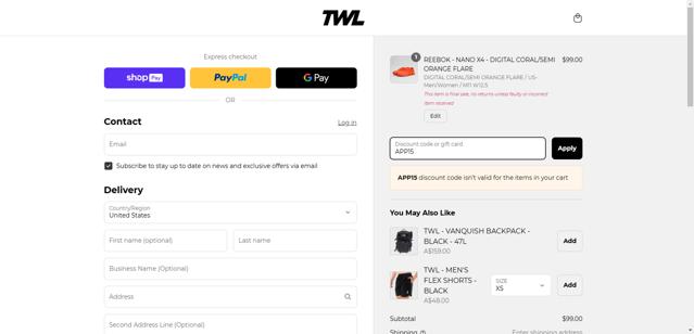 TWL checkout page showing TWL discount code box | Screenshot taken by SimplyCodes community member on Mar 22, 2025