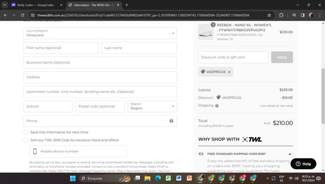 TWL checkout page showing TWL discount code box | Screenshot taken by SimplyCodes community member on Jan 31, 2024