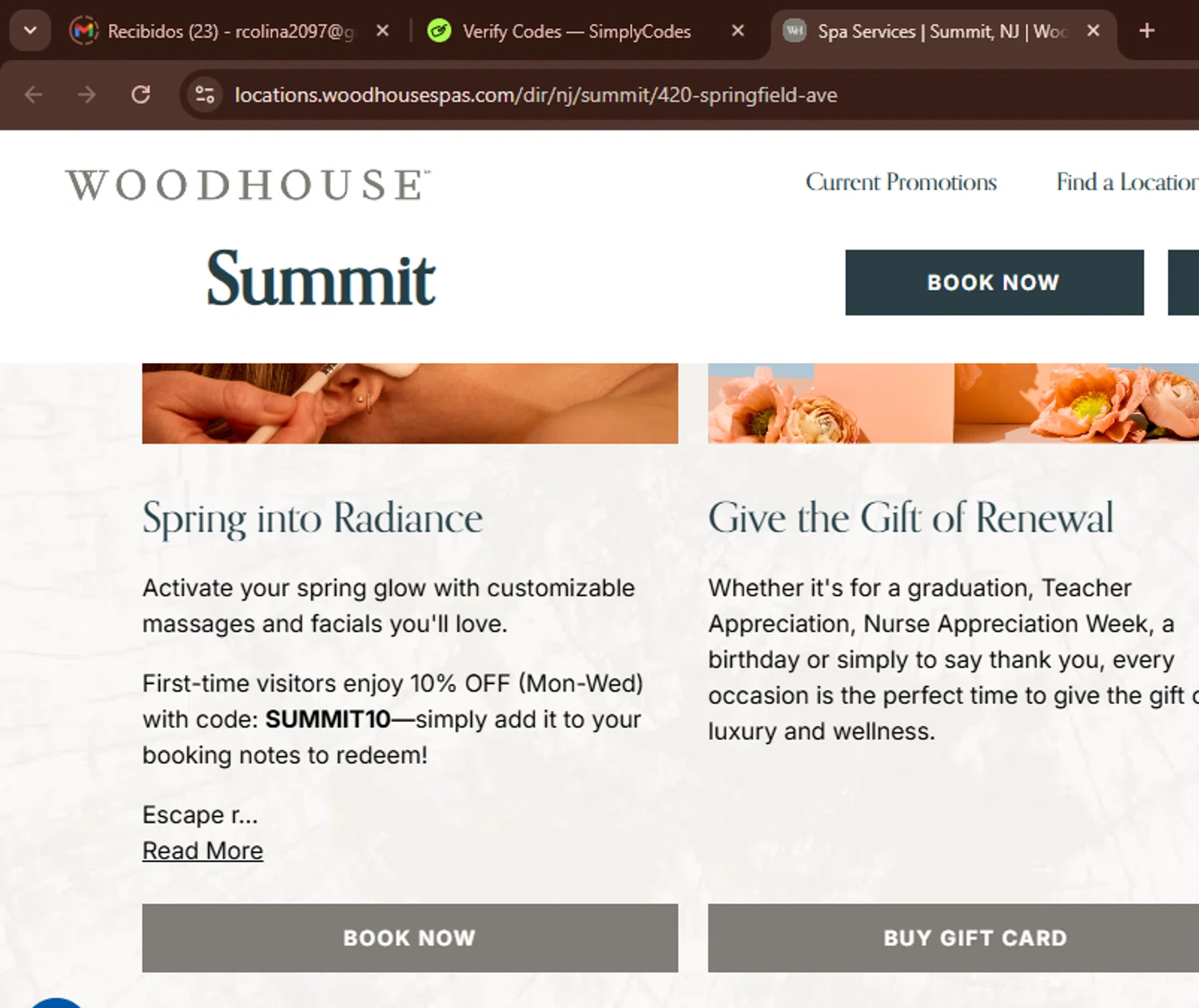 The Woodhouse Day Spa checkout page showing The Woodhouse Day Spa promo code box | Screenshot taken by SimplyCodes community member on Jul 9, 2025