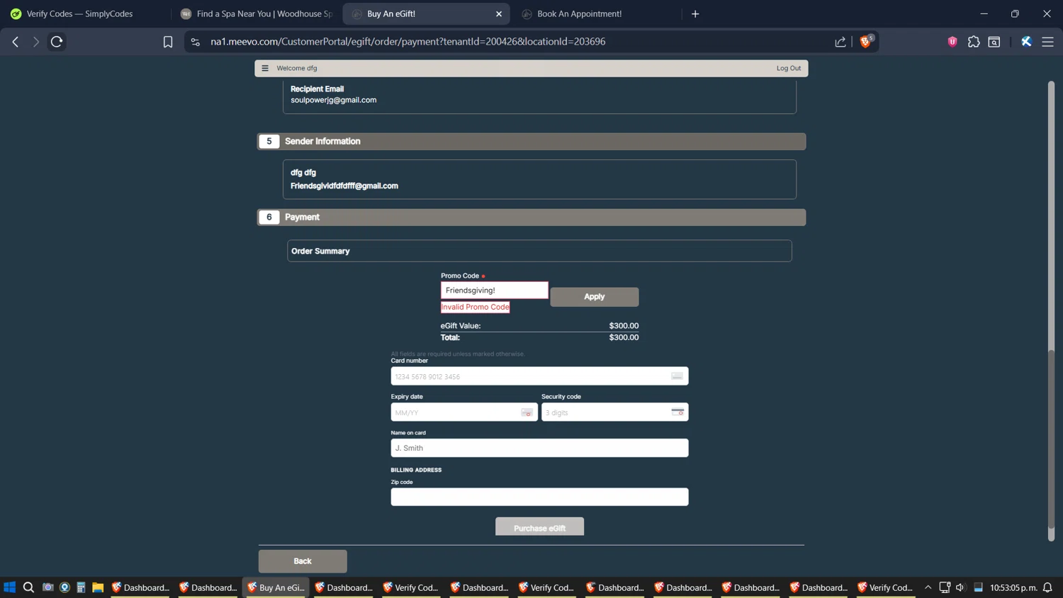 The Woodhouse Day Spa promo code screenshot showing code Friendsgiving! applied at The Woodhouse Day Spa checkout page. Uploaded by SimplyCodes community member Jgomez on Nov 11, 2025