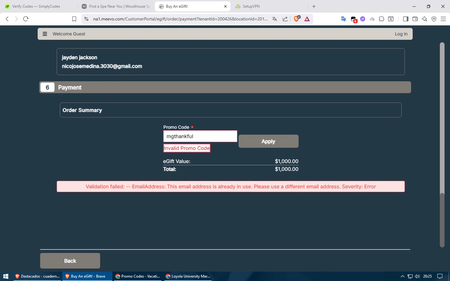 The Woodhouse Day Spa promo code screenshot showing code mgthankful applied at The Woodhouse Day Spa checkout page. Uploaded by SimplyCodes community member usuario500 on Nov 28, 2025