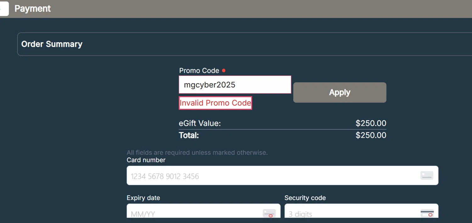 The Woodhouse Day Spa promo code screenshot showing code mgcyber2025 applied at The Woodhouse Day Spa checkout page. Uploaded by SimplyCodes community member Francisco on Dec 4, 2025