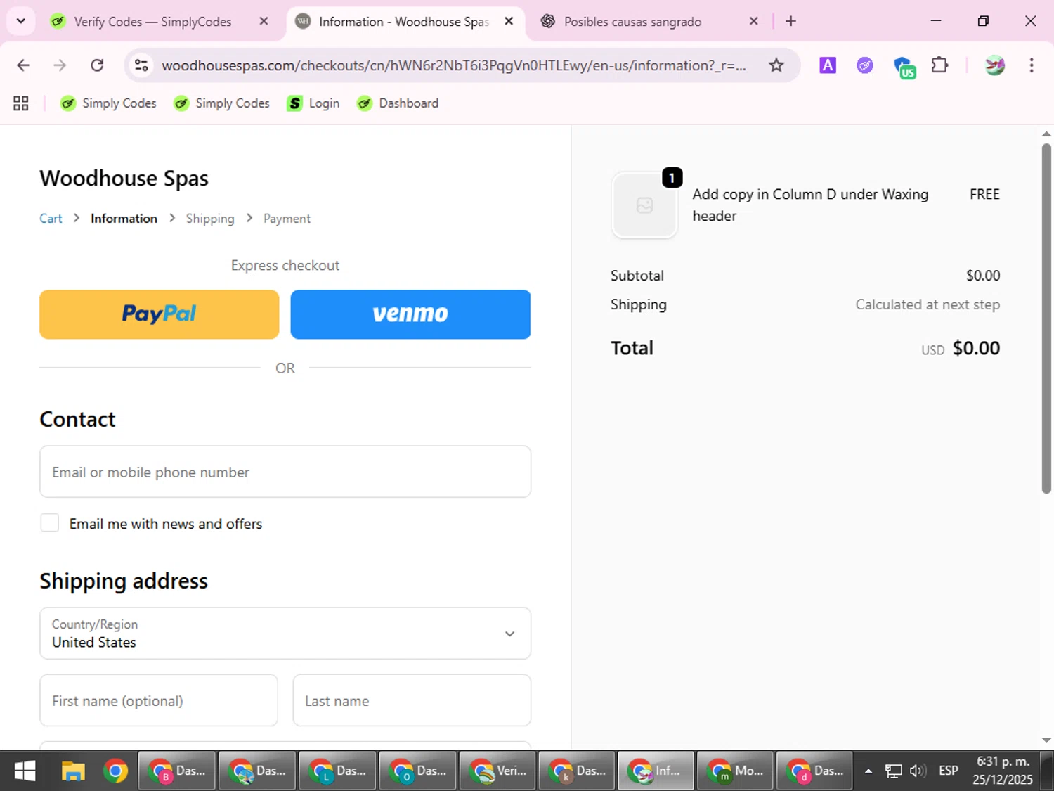 The Woodhouse Day Spa promo code screenshot showing code mgmerry applied at The Woodhouse Day Spa checkout page. Uploaded by SimplyCodes community member SilverExpert5694 on Dec 25, 2025