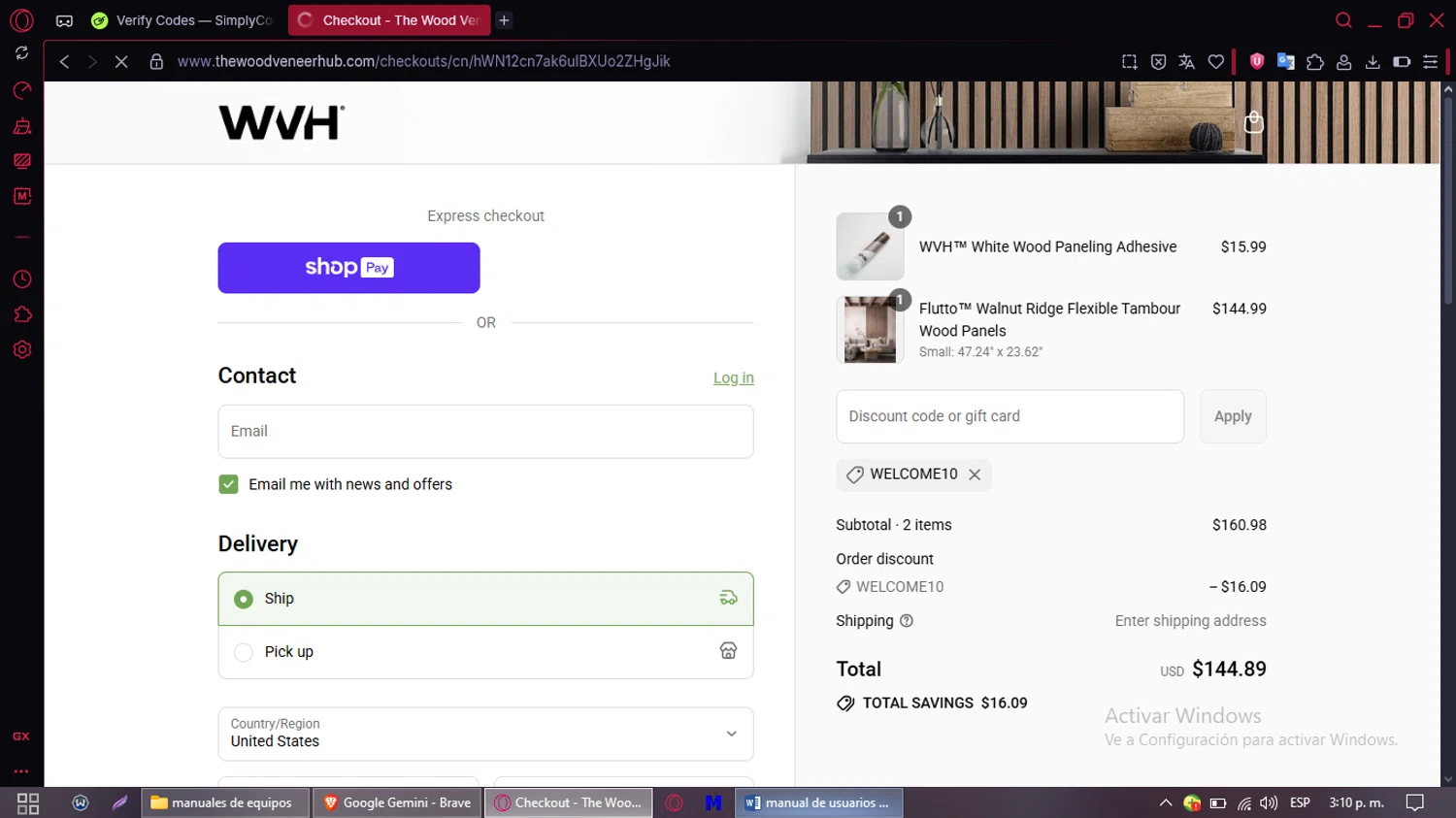 The Wood Veneer Hub promo code screenshot showing code WELCOME10 applied at The Wood Veneer Hub checkout page. Uploaded by SimplyCodes community member RewardLion134 on Jul 25, 2025