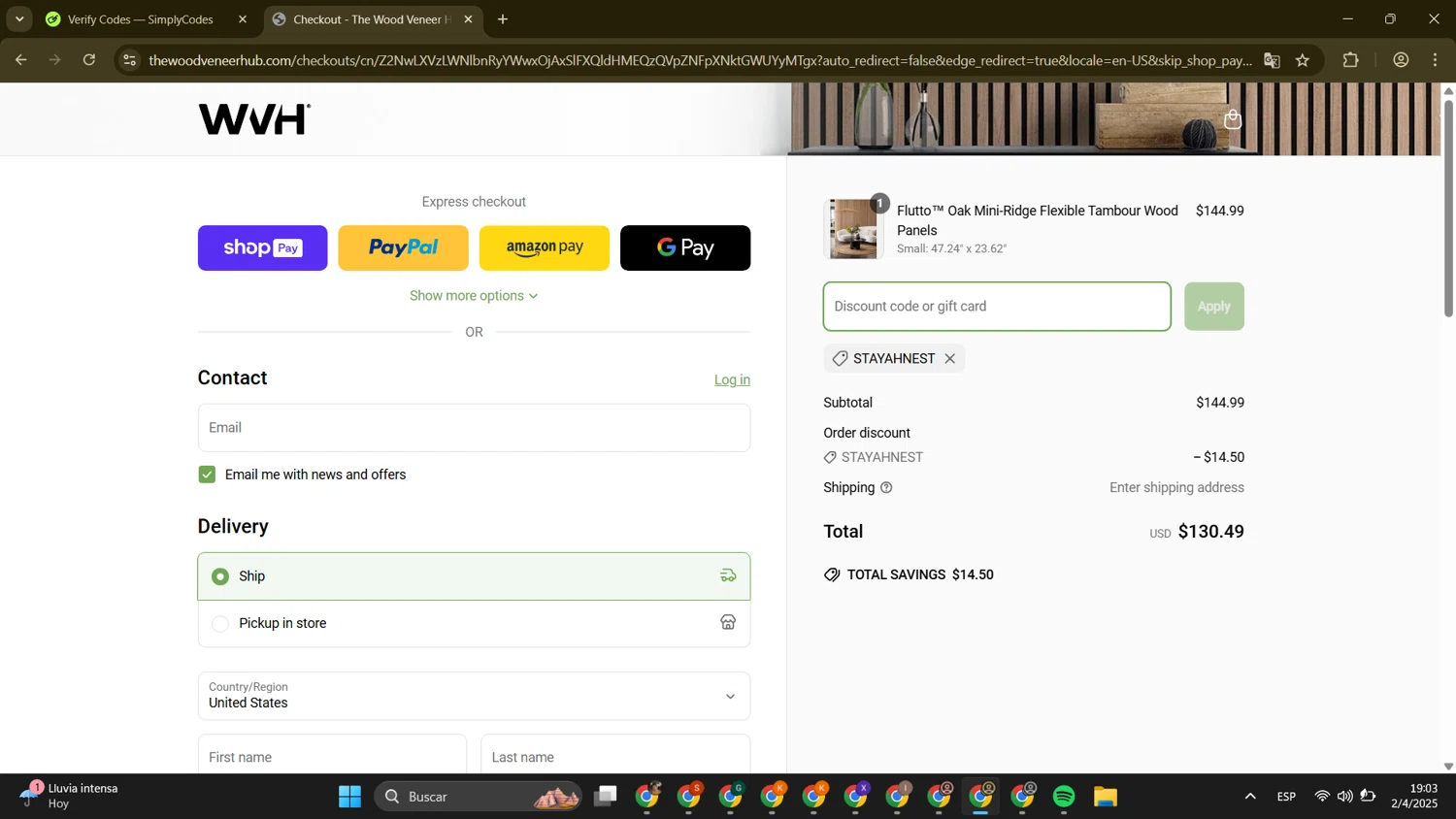 The Wood Veneer Hub promo code screenshot showing code STAYAHNEST applied at The Wood Veneer Hub checkout page. Uploaded by SimplyCodes community member DanielR24 on Apr 2, 2025