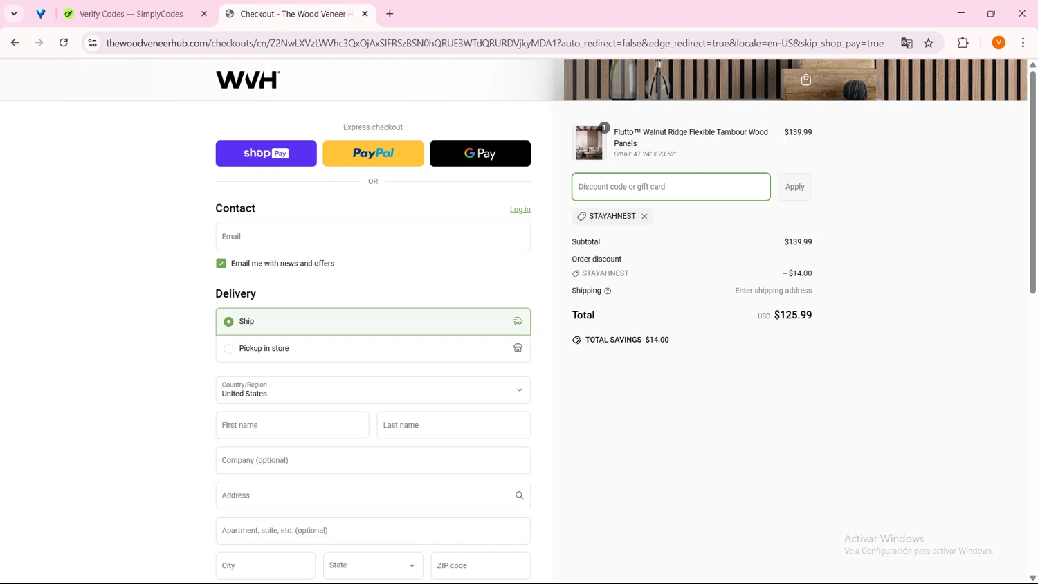 The Wood Veneer Hub promo code screenshot showing code STAYAHNEST applied at The Wood Veneer Hub checkout page. Uploaded by SimplyCodes community member FortunateFinder9465 on Apr 1, 2025