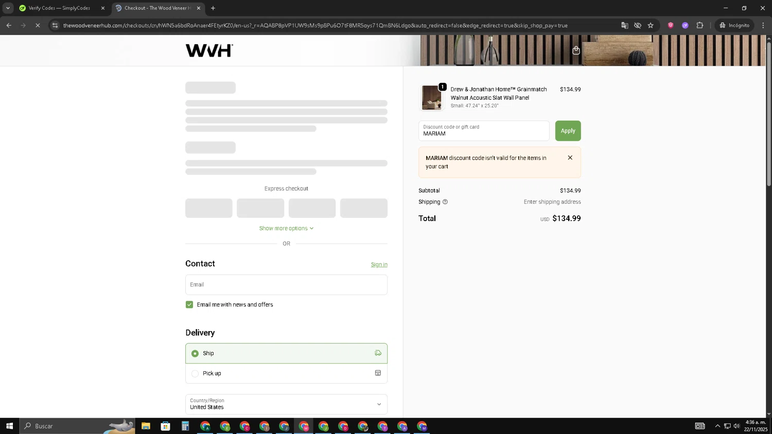The Wood Veneer Hub promo code screenshot showing code MARIAM applied at The Wood Veneer Hub checkout page. Uploaded by SimplyCodes community member CBR600 on Nov 22, 2025