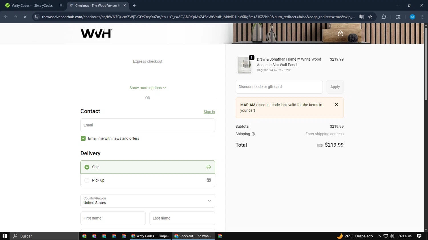 The Wood Veneer Hub promo code screenshot showing code MARIAM applied at The Wood Veneer Hub checkout page. Uploaded by SimplyCodes community member Cynoxx on Jan 10, 2026