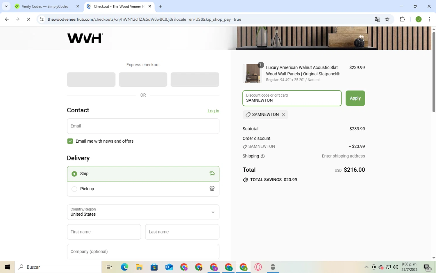The Wood Veneer Hub promo code screenshot showing code SAMNEWTON applied at The Wood Veneer Hub checkout page. Uploaded by SimplyCodes community member BukayoSaka on Jul 25, 2025