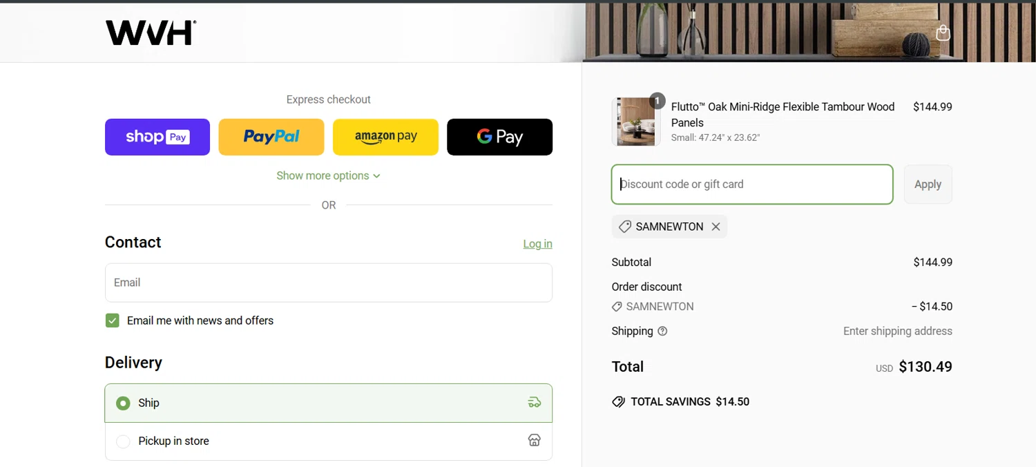 The Wood Veneer Hub promo code screenshot showing code SAMNEWTON applied at The Wood Veneer Hub checkout page. Uploaded by SimplyCodes community member Draken on Apr 2, 2025