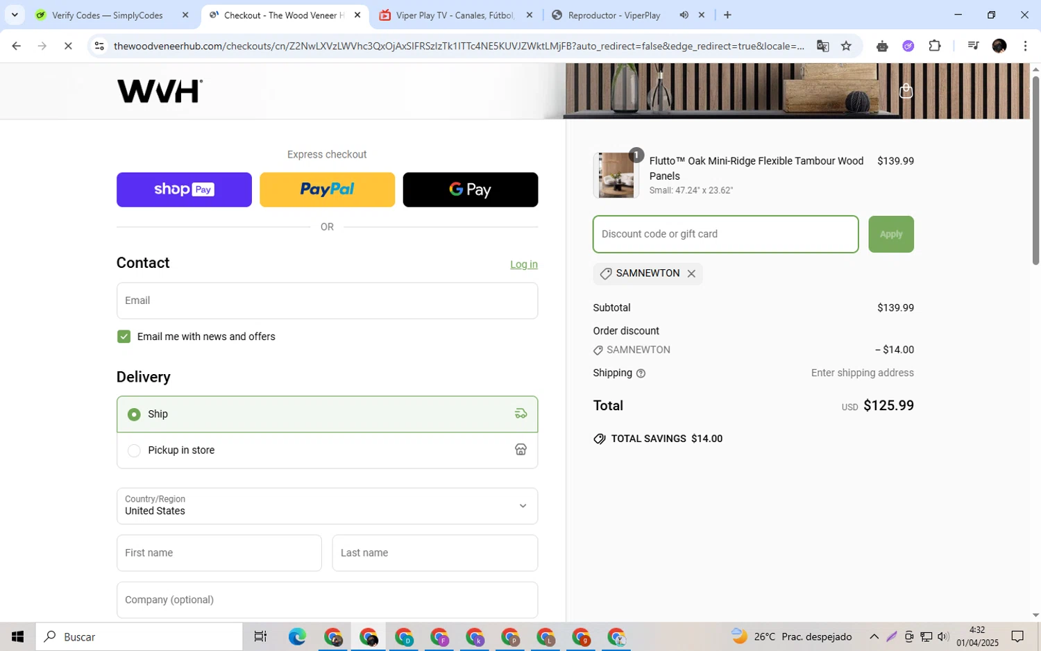 The Wood Veneer Hub promo code screenshot showing code SAMNEWTON applied at The Wood Veneer Hub checkout page. Uploaded by SimplyCodes community member alexdaal on Apr 1, 2025