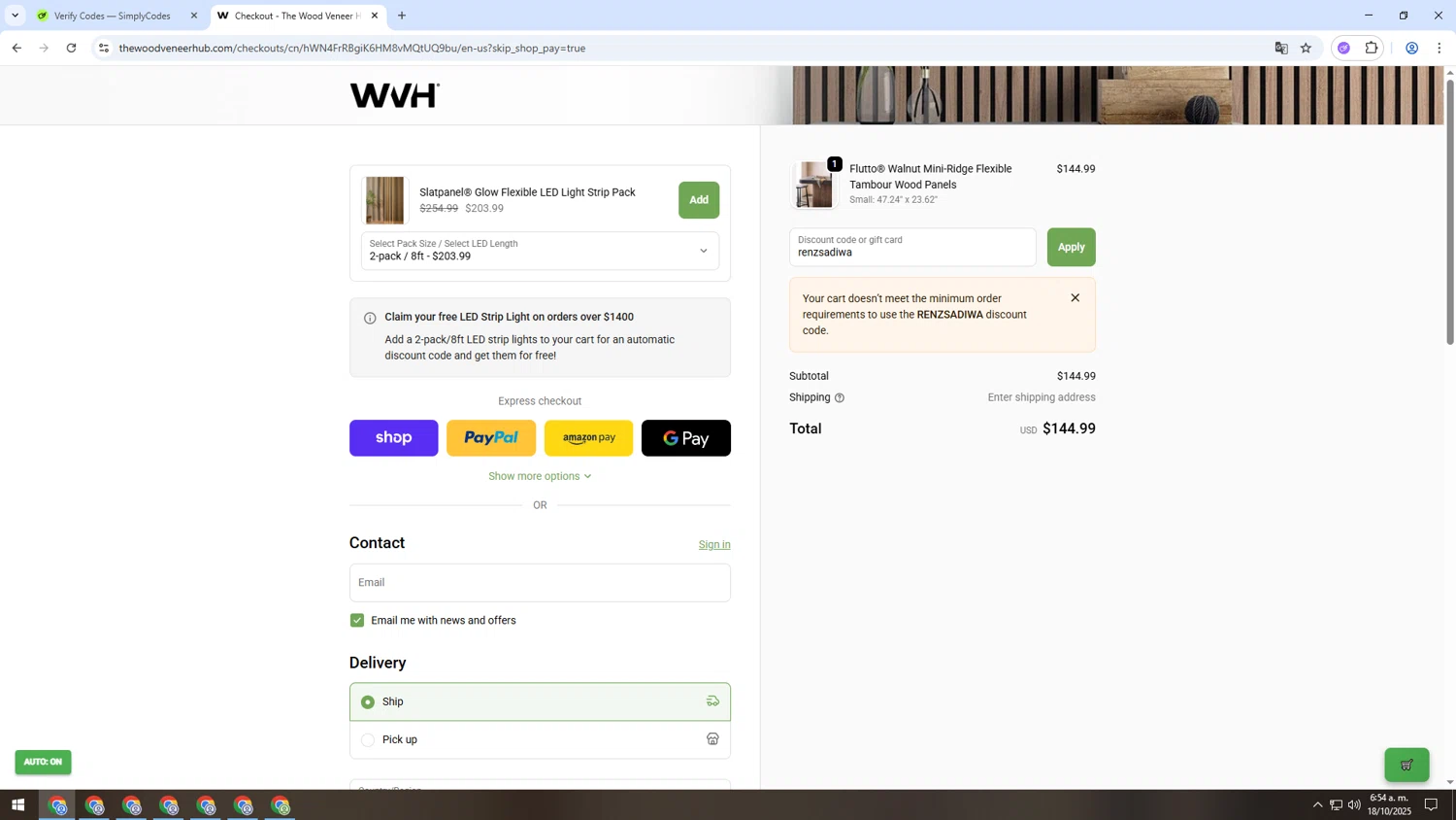 The Wood Veneer Hub promo code screenshot showing code renzsadiwa applied at The Wood Veneer Hub checkout page. Uploaded by SimplyCodes community member INSECTOS on Oct 18, 2025