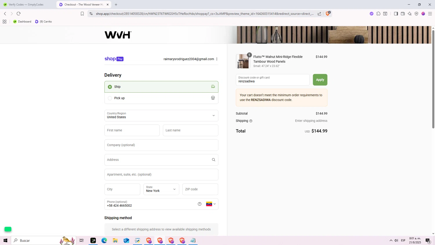 The Wood Veneer Hub promo code screenshot showing code renzsadiwa applied at The Wood Veneer Hub checkout page. Uploaded by SimplyCodes community member Nezukooo on Aug 21, 2025
