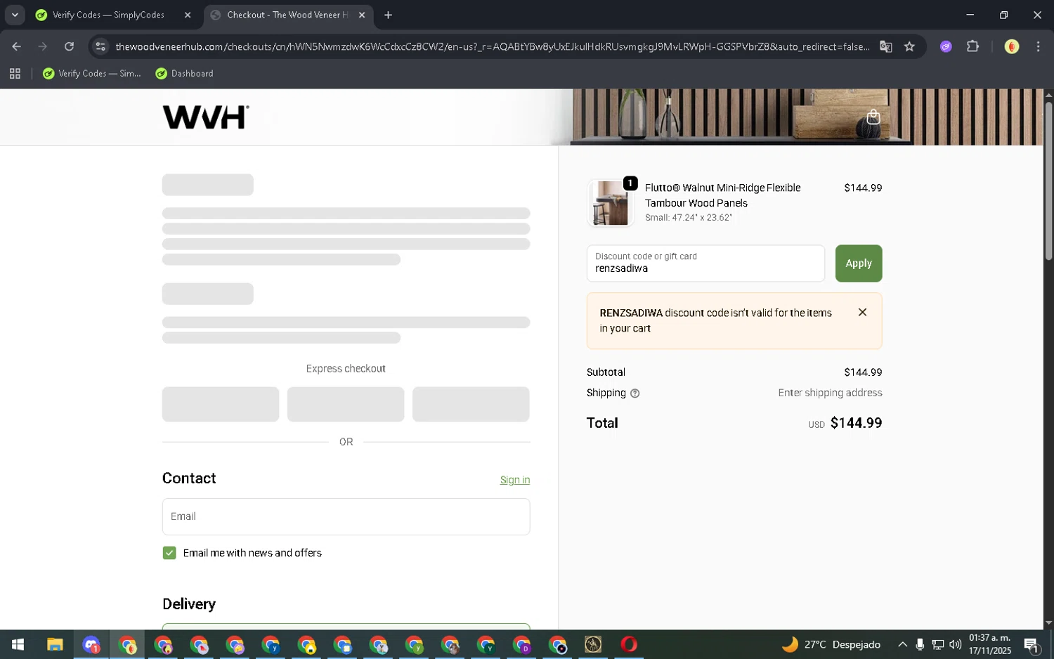 The Wood Veneer Hub promo code screenshot showing code renzsadiwa applied at The Wood Veneer Hub checkout page. Uploaded by SimplyCodes community member NobleCurator2111 on Nov 17, 2025