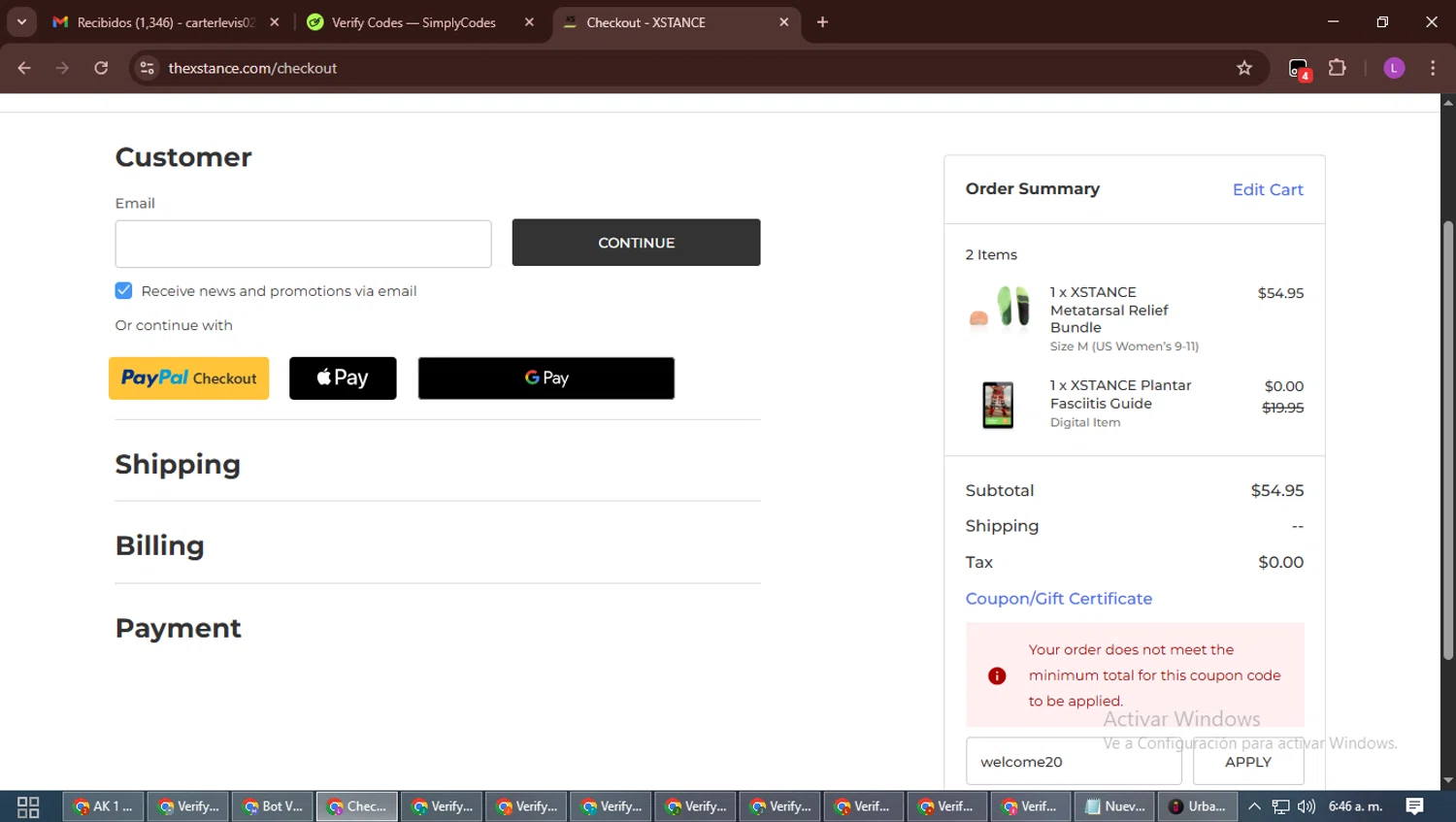Xstance Insoles promo code screenshot showing code welcome20 applied at Xstance Insoles checkout page. Uploaded by SimplyCodes community member RewardScout5160 on Nov 8, 2025