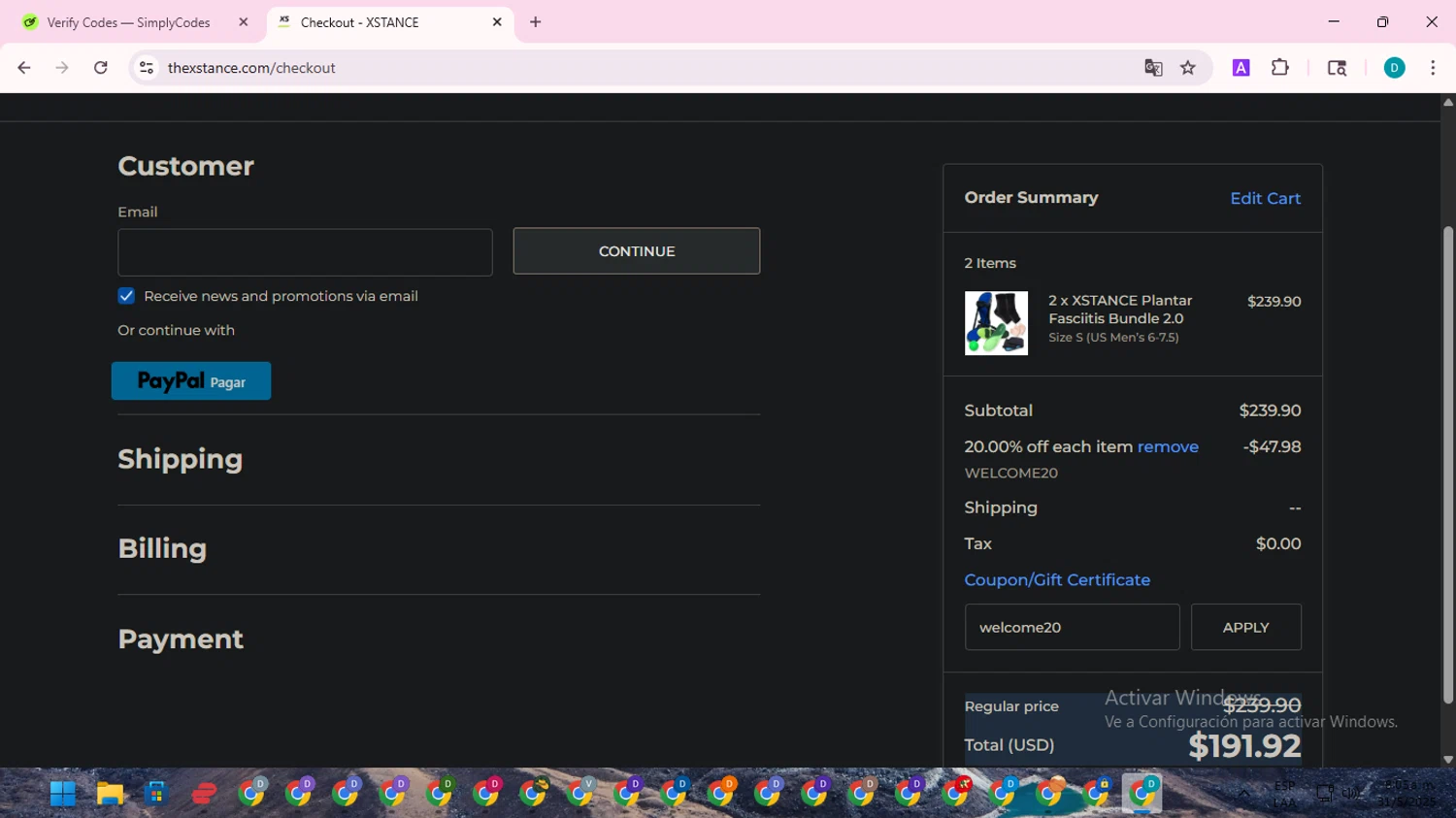 Xstance Insoles promo code screenshot showing code welcome20 applied at Xstance Insoles checkout page. Uploaded by SimplyCodes community member ShrewdTracker5871 on May 31, 2025
