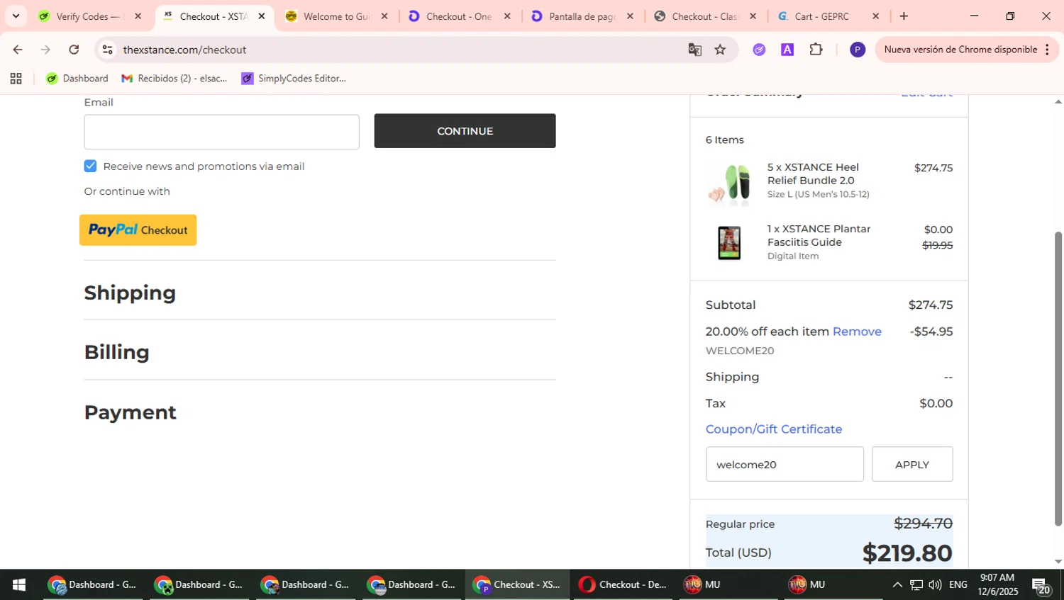 Xstance Insoles promo code screenshot showing code welcome20 applied at Xstance Insoles checkout page. Uploaded by SimplyCodes community member Suicune on Dec 6, 2025
