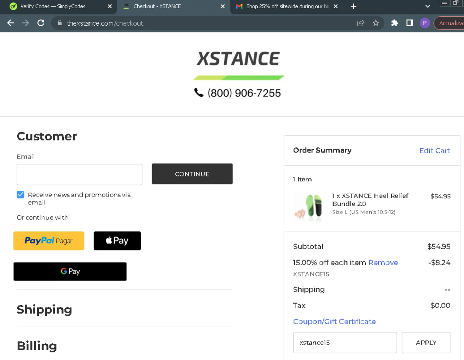 Xstance Insoles promo code screenshot showing code xstance15 applied at Xstance Insoles checkout page. Uploaded by SimplyCodes community member ParisSmith on Nov 25, 2025