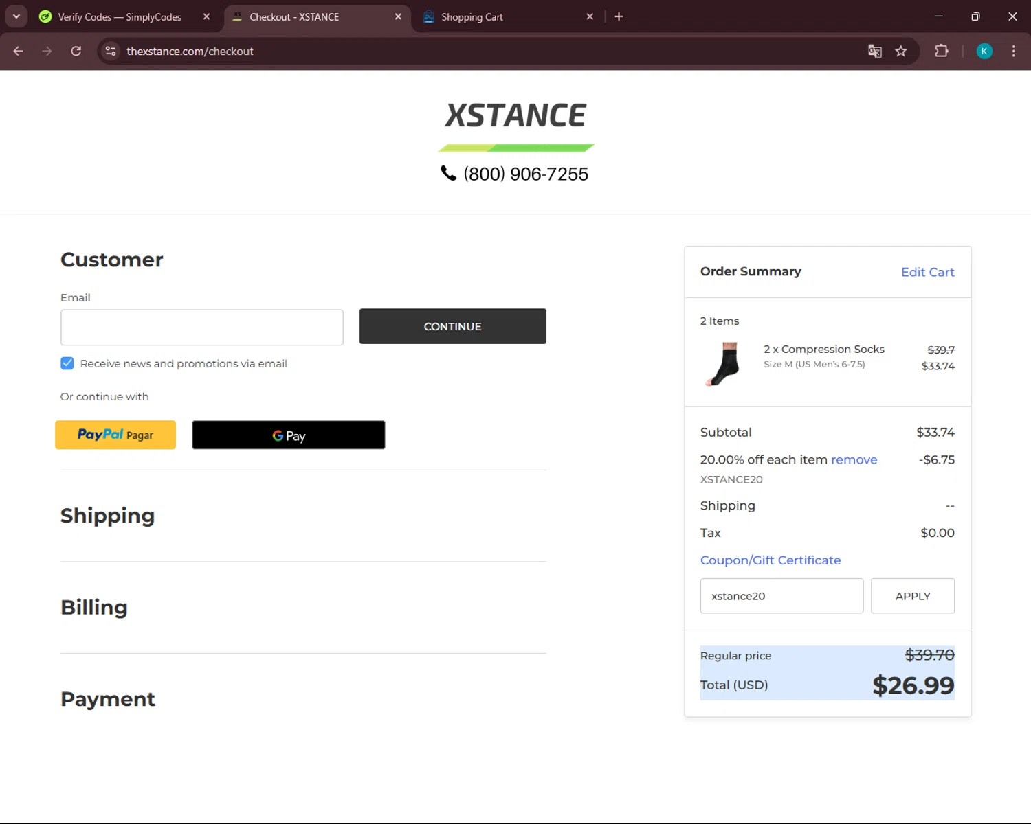 Xstance Insoles promo code screenshot showing code xstance20 applied at Xstance Insoles checkout page. Uploaded by SimplyCodes community member VoucherSleuth3236 on Apr 12, 2025