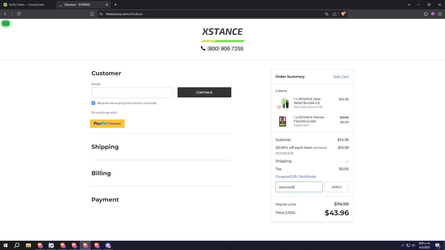 Xstance Insoles promo code screenshot showing code xstance20 applied at Xstance Insoles checkout page. Uploaded by SimplyCodes community member SALCHICHA on Mar 6, 2025