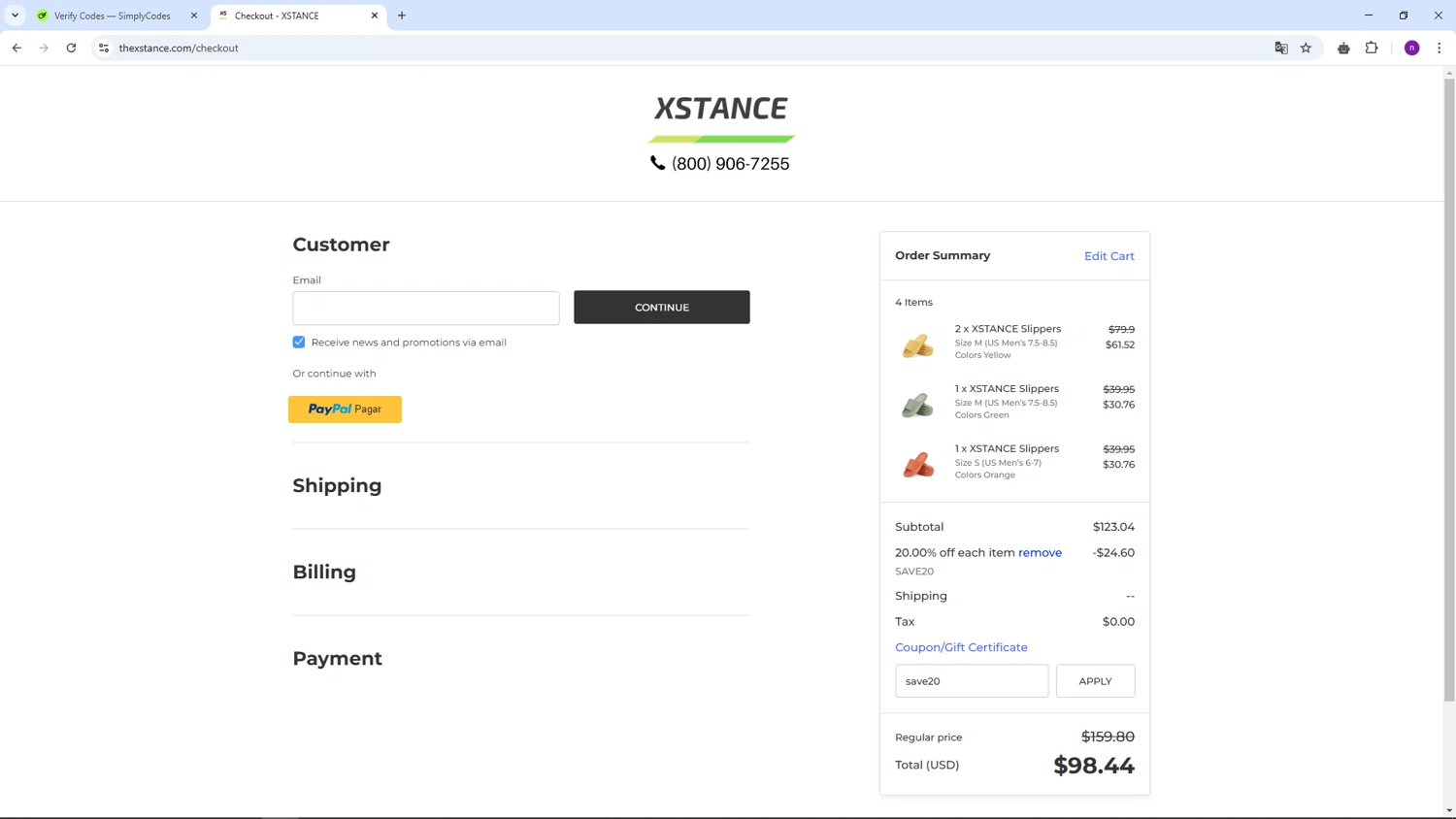 Xstance Insoles promo code screenshot showing code save20 applied at Xstance Insoles checkout page. Uploaded by SimplyCodes community member AVAMUSTANG on Mar 2, 2025