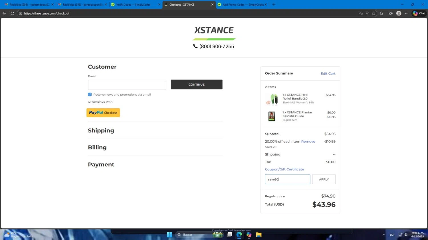 Xstance Insoles promo code screenshot showing code save20 applied at Xstance Insoles checkout page. Uploaded by SimplyCodes community member Mdeoca on Dec 6, 2025
