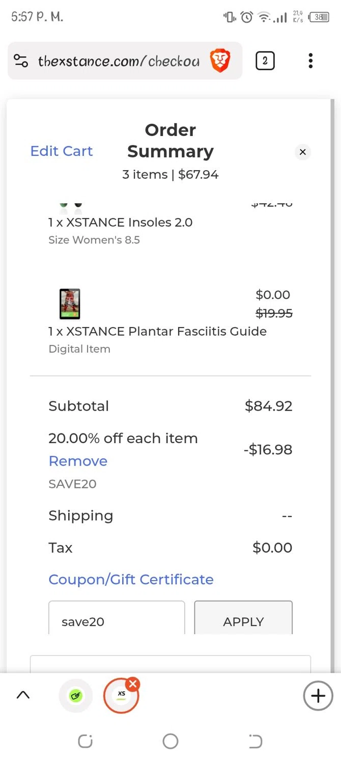Xstance Insoles promo code screenshot showing code save20 applied at Xstance Insoles checkout page. Uploaded by SimplyCodes community member peterjanse on Oct 3, 2025
