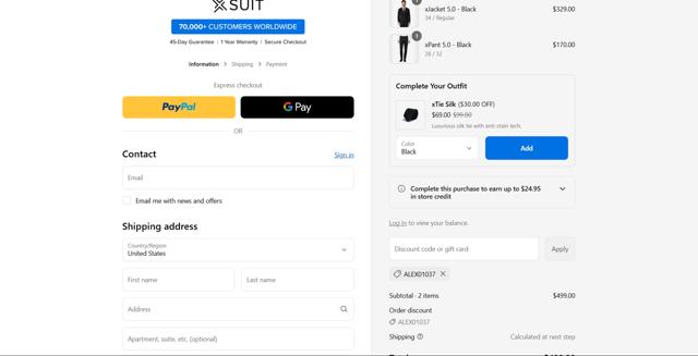 The X Suit checkout page showing The X Suit promo code box | Screenshot taken by SimplyCodes community member on Sep 12, 2025