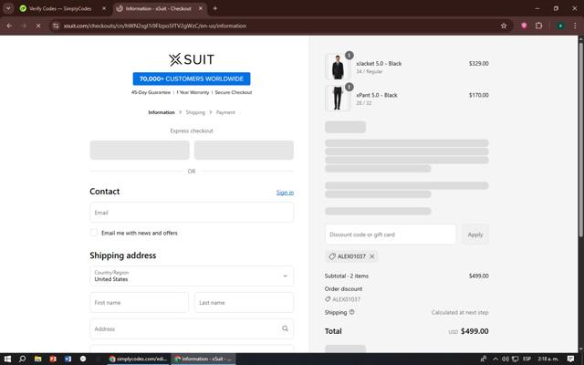 The X Suit checkout page showing The X Suit promo code box | Screenshot taken by SimplyCodes community member on Sep 12, 2025