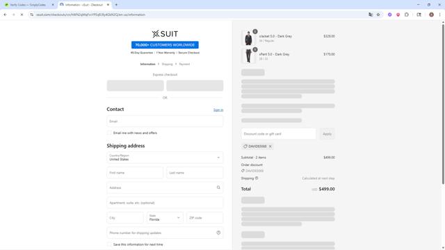 The X Suit checkout page showing The X Suit promo code box | Screenshot taken by SimplyCodes community member on Sep 11, 2025