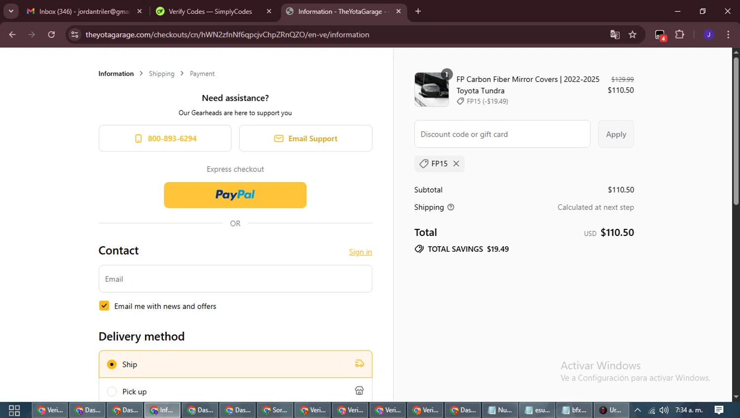TheYotaGarage promo code screenshot showing code FP15 applied at TheYotaGarage checkout page. Uploaded by SimplyCodes community member LegendaryLegend9872 on Sep 15, 2025