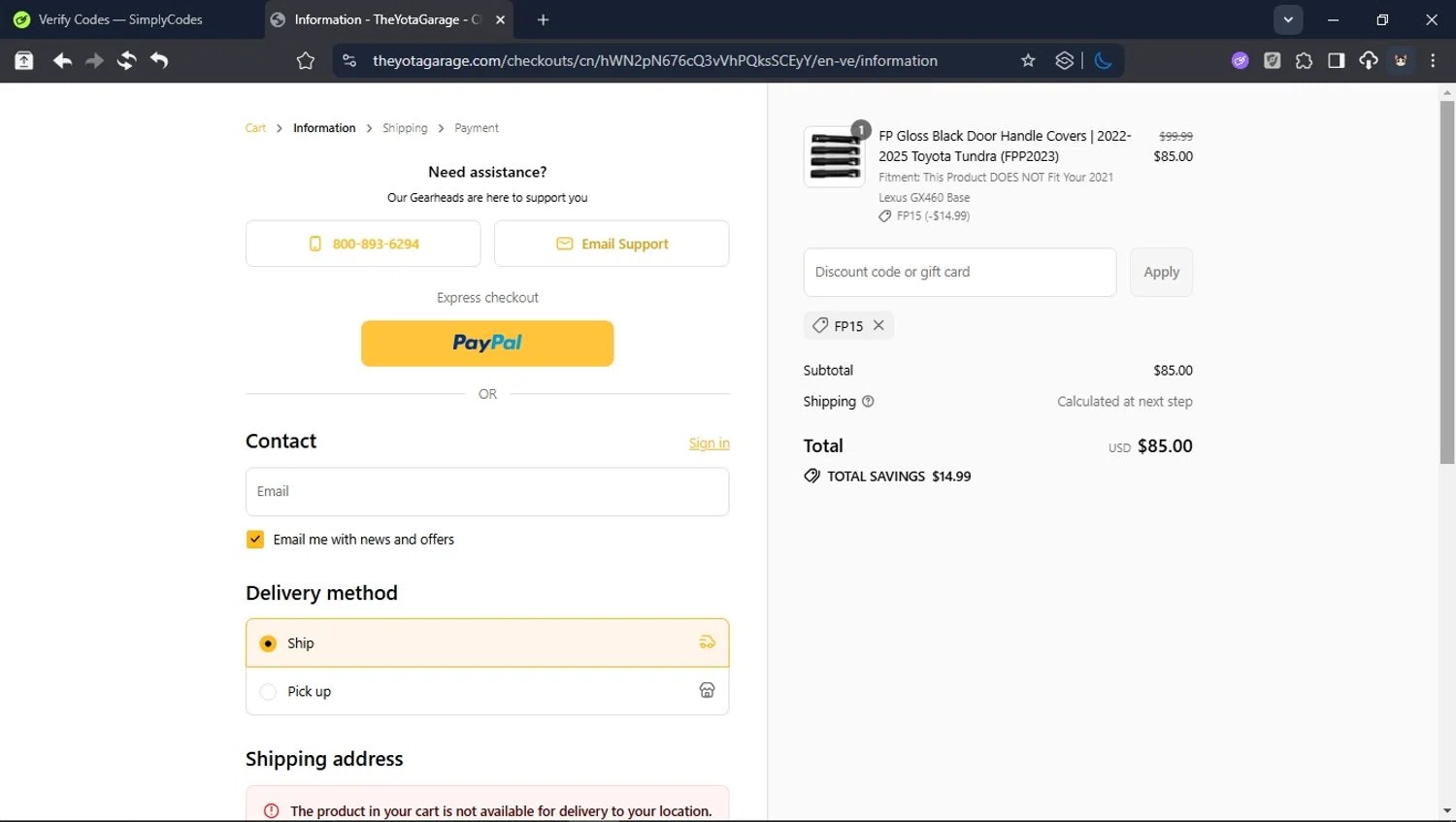 TheYotaGarage promo code screenshot showing code FP15 applied at TheYotaGarage checkout page. Uploaded by SimplyCodes community member USER_RANDON on Sep 10, 2025