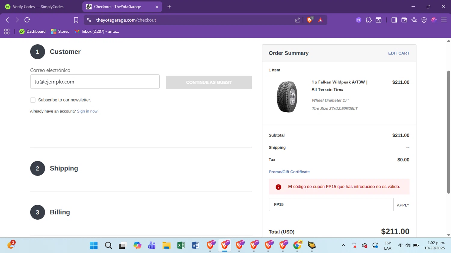 TheYotaGarage promo code screenshot showing code FP15 applied at TheYotaGarage checkout page. Uploaded by SimplyCodes community member antoooooooooooooo on Oct 29, 2025