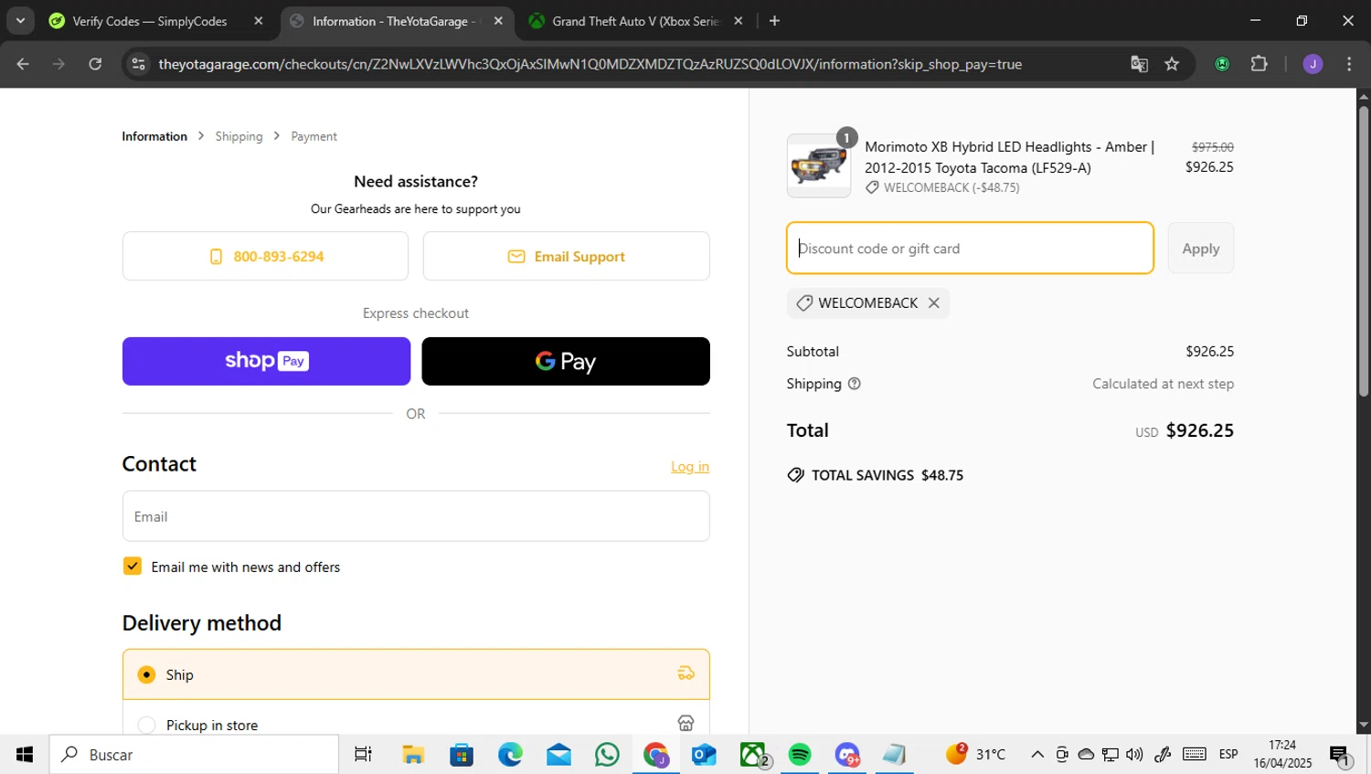 TheYotaGarage promo code screenshot showing code Welcomeback applied at TheYotaGarage checkout page. Uploaded by SimplyCodes community member ENCARAMESSI on Apr 16, 2025