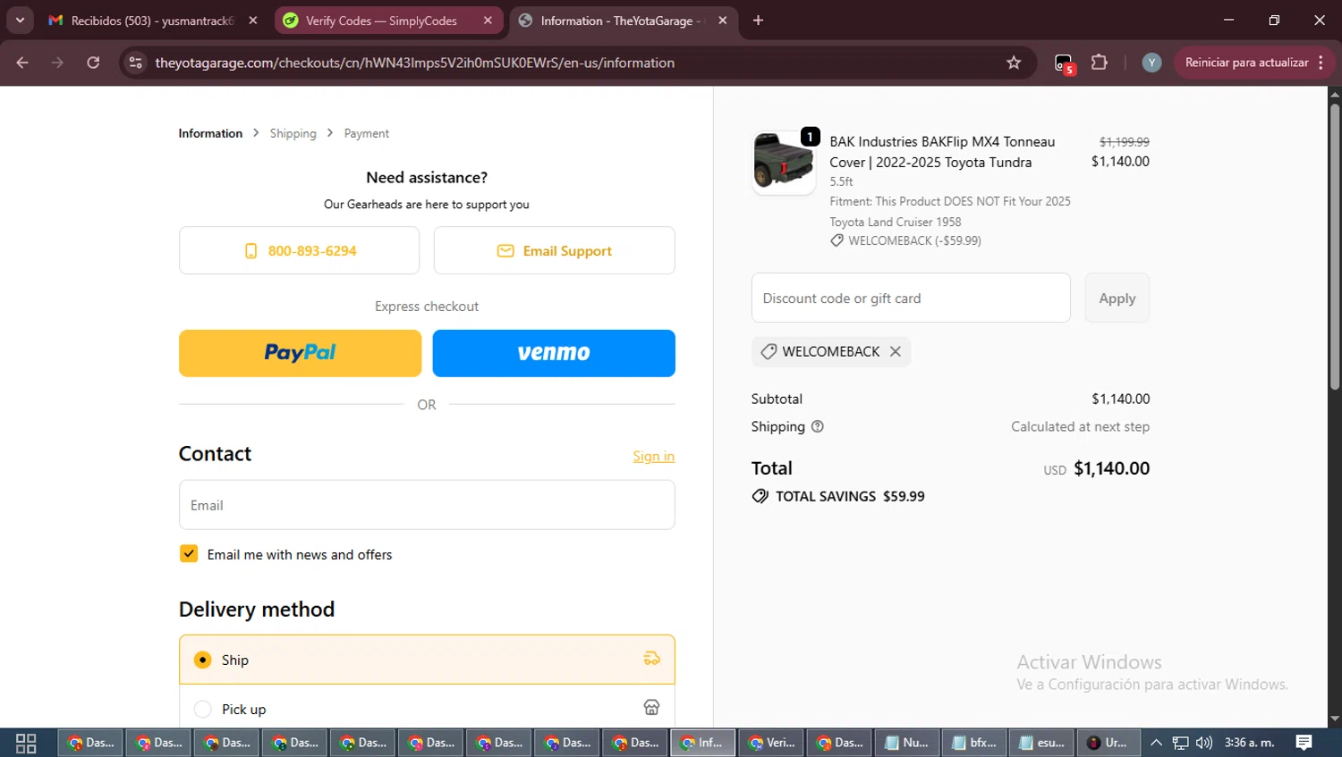 TheYotaGarage promo code screenshot showing code Welcomeback applied at TheYotaGarage checkout page. Uploaded by SimplyCodes community member MoneyTiger5162 on Oct 13, 2025