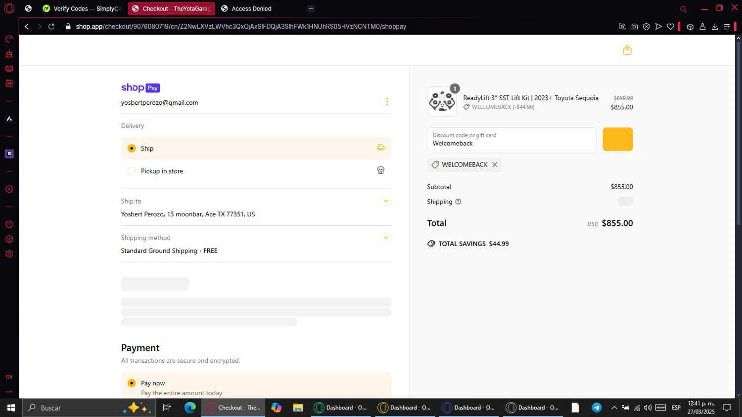TheYotaGarage promo code screenshot showing code Welcomeback applied at TheYotaGarage checkout page. Uploaded by SimplyCodes community member VoucherCollector7501 on Mar 27, 2025
