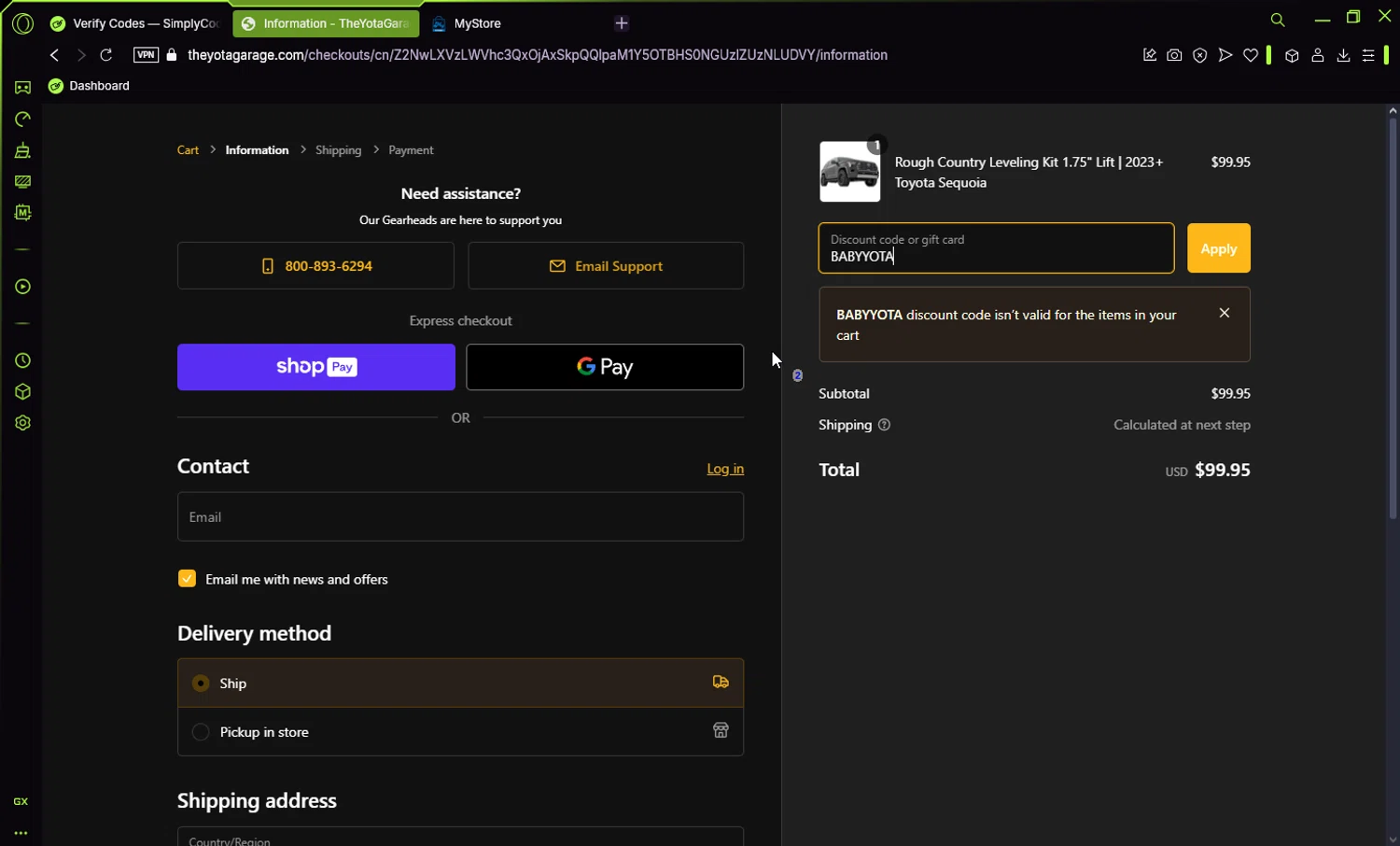 TheYotaGarage promo code screenshot showing code BABYYOTA applied at TheYotaGarage checkout page. Uploaded by SimplyCodes community member Jisus007 on Jan 28, 2025