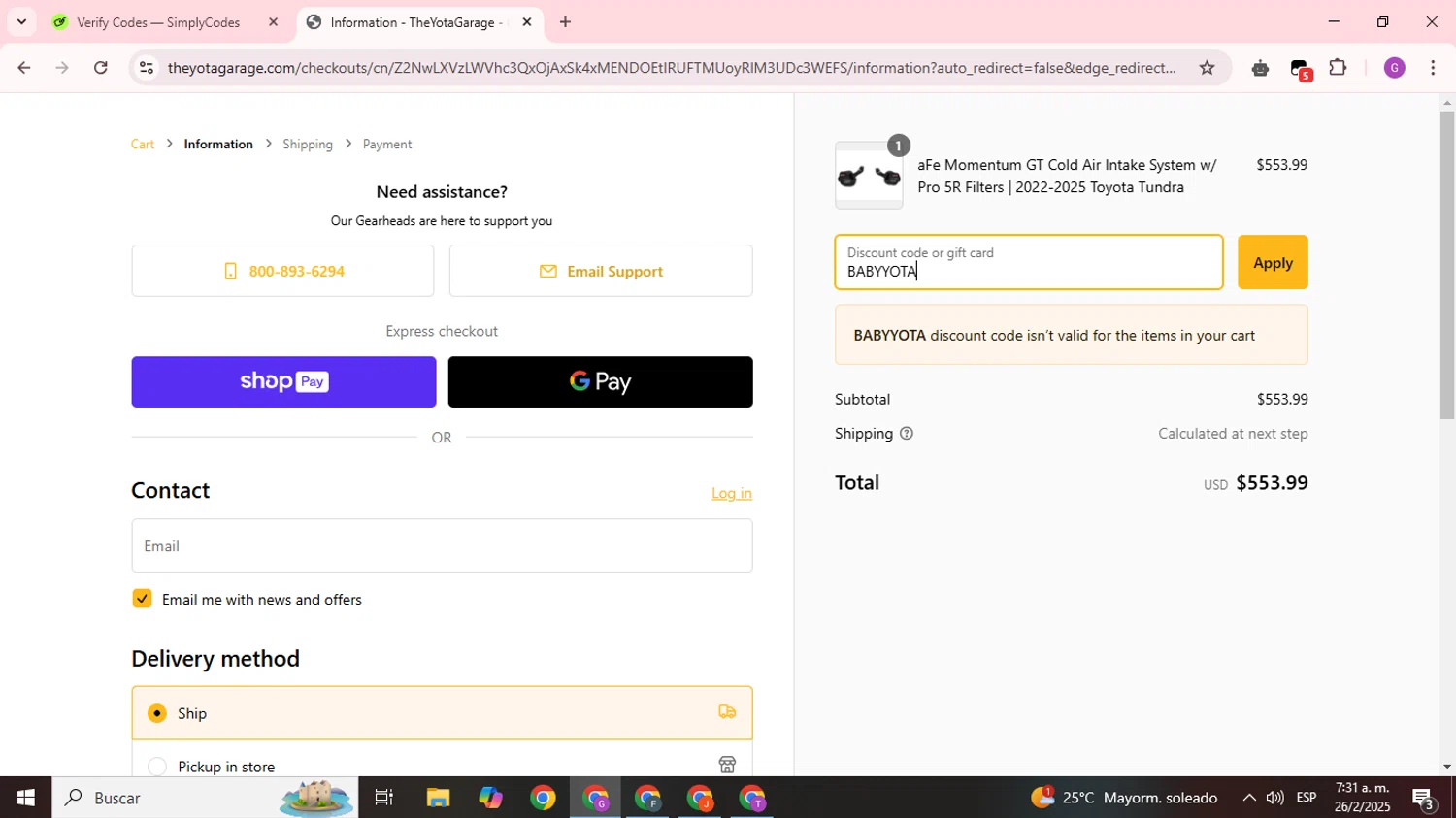 TheYotaGarage promo code screenshot showing code BABYYOTA applied at TheYotaGarage checkout page. Uploaded by SimplyCodes community member ValuePilot6849 on Feb 26, 2025