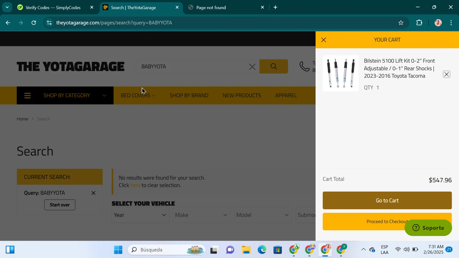 TheYotaGarage promo code screenshot showing code BABYYOTA applied at TheYotaGarage checkout page. Uploaded by SimplyCodes community member jenifer on Feb 26, 2025