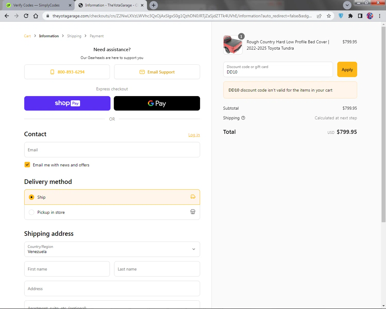 TheYotaGarage promo code screenshot showing code DD10 applied at TheYotaGarage checkout page. Uploaded by SimplyCodes community member godthor on Jun 6, 2025