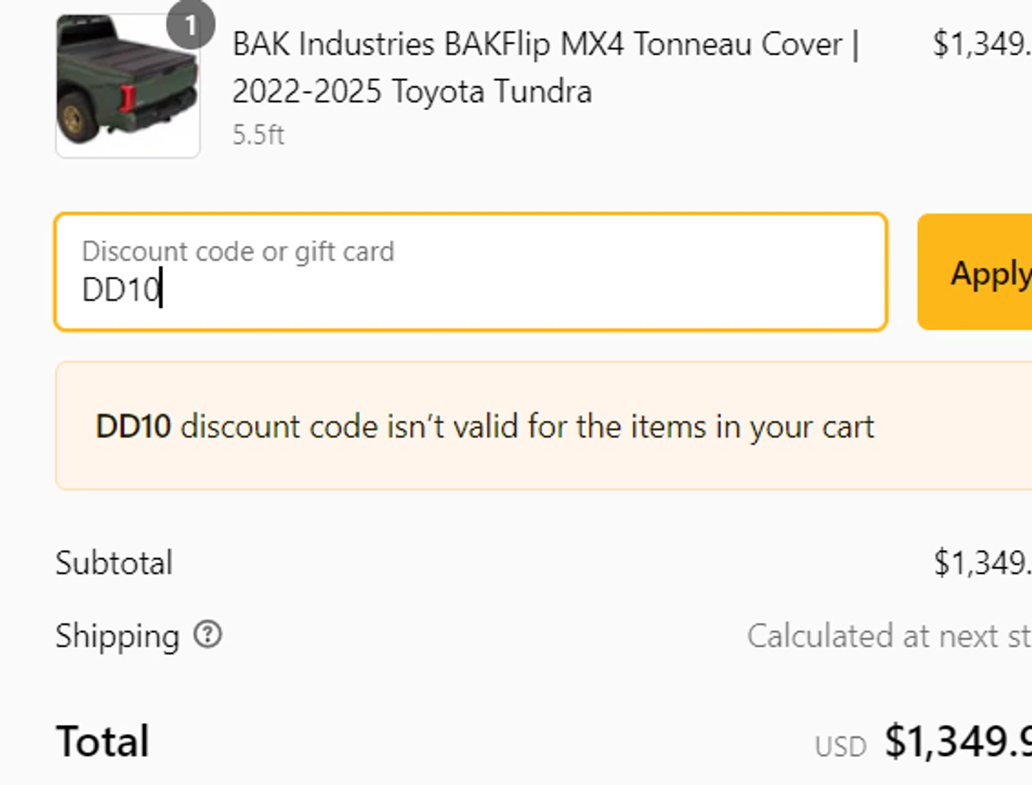 TheYotaGarage promo code screenshot showing code DD10 applied at TheYotaGarage checkout page. Uploaded by SimplyCodes community member Sova_Valorant on Feb 26, 2025