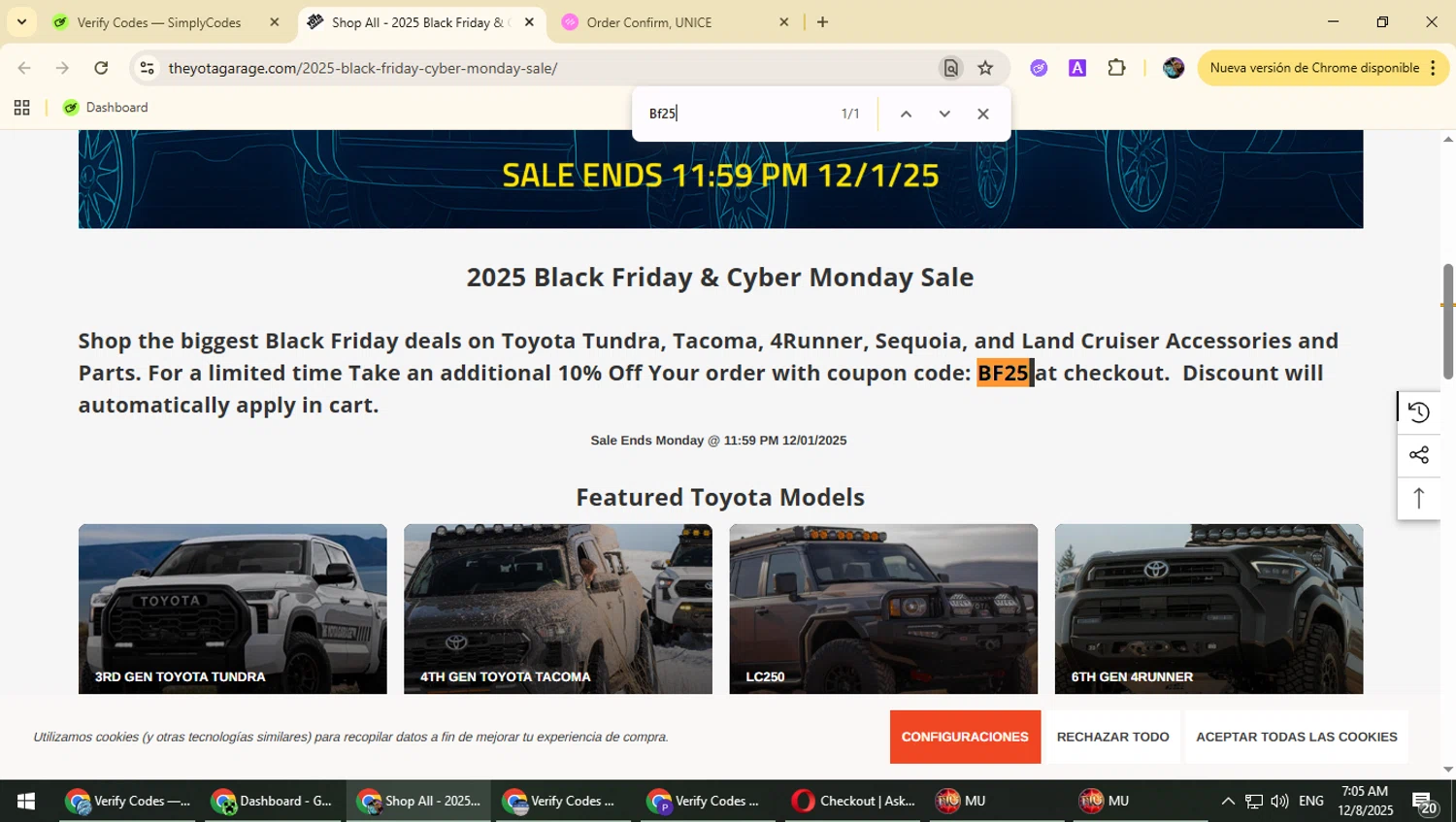 TheYotaGarage promo code screenshot showing code Bf25 applied at TheYotaGarage checkout page. Uploaded by SimplyCodes community member Typhlosion on Dec 8, 2025