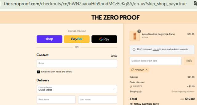 The Zero Proof checkout page showing The Zero Proof discount code box | Screenshot taken by SimplyCodes community member on Sep 4, 2025